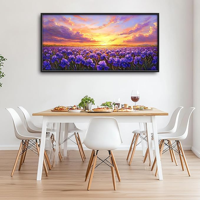 Iris Field Sunset Large Wall Art Purple Flower Framed Wall Decor for Living Room Iris Pictures Oversized Canvas Print Painting Modern Extra Large Framed Artwork for Bedroom Office 60"x30"