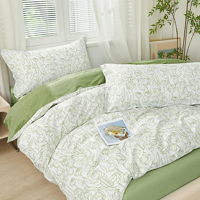 SAPHREAS White Duvet Cover Set Twin Size 2pcs Green Floral Bedding Comforter Cover Set 100% Cotton 1 Duvet Cover 68"x90" 1 Pillow Sham, Comforter Not Included