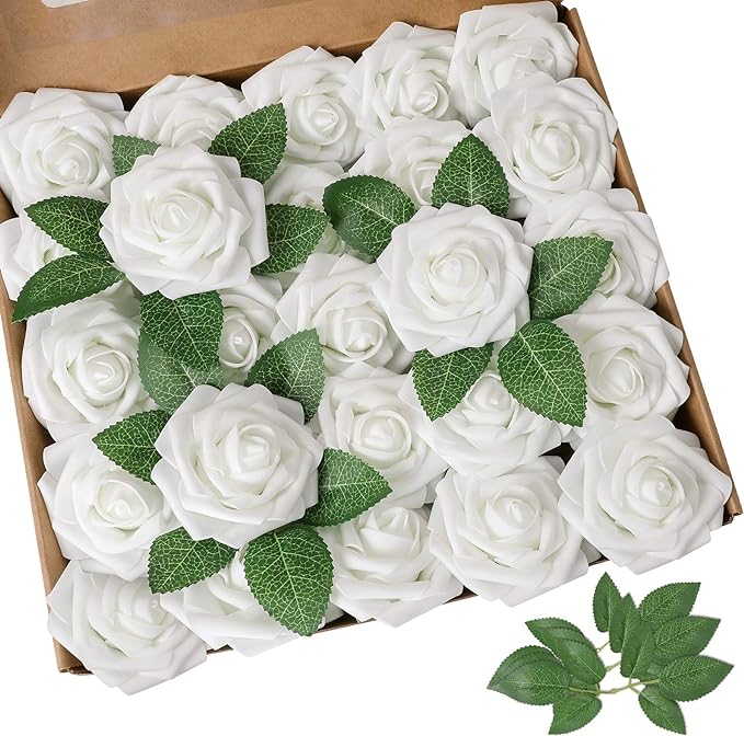 AmyHomie Artificial Flower White Rose 25pcs Real Looking Fake Roses w/Stem for DIY Wedding Bouquets Centerpieces Arrangements Party Baby Shower Valentines Day Christmas Tree Decorations