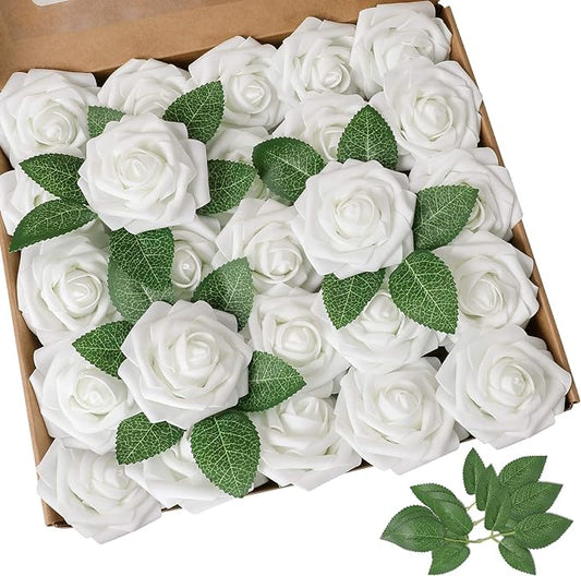 AmyHomie Artificial Flower White Rose 25pcs Real Looking Fake Roses w/Stem for DIY Wedding Bouquets Centerpieces Arrangements Party Baby Shower Valentines Day Christmas Tree Decorations