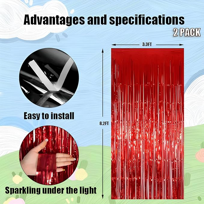 Keyali 2 Pack 3.3 * 8.3 ft Foil Curtain Metallic Tinsel Fringe Curtains Photo Booth Props Backdrop for Birthday Wedding Engagement Baby Shower Christmas Holiday Celebration Partyl,Red