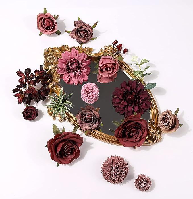 Serra Flora Artificial Flowers Combo Dahlia 25pcs Silk Fake Flowers Roses for DIY Wedding Bouquets Burgundy Centerpieces Arrangements Party Bridal Baby Shower Home Decorations(Burgundy)