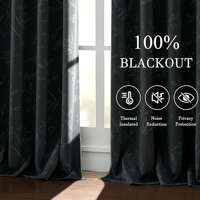ChrisDowa Grey 100% Blackout Floral Curtains 72 Inches Long 2 Panels for Bedroom Living Room White Flower Patterned Room Darkening Thermal Insulated Soundproof Grommet Window Treatments Drapes,52X72