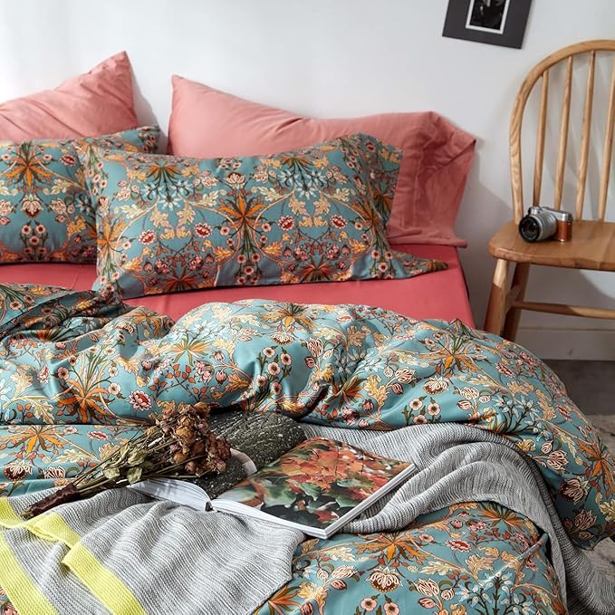 Vintage Style Garden Flower Duvet Cover Set King Boho Floral Long Staple Cotton Comforter Cover Luxury Soft Green Golden Floral Bedding Set Boho Farmhouse Bohemia Duvet Cover with 2 Pillowcases