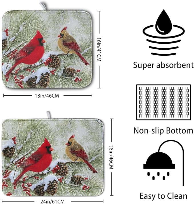 Winter Dish Drying Mat for Kitchen Counter 16x18 Inch Christmas Red Birds Drying Mats Xmas Holiday Microfiber Absorbent Dishes Drainer Mats Cardinal Dish Rack Pad