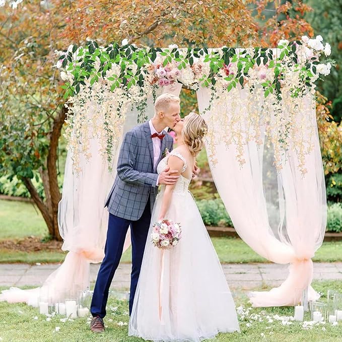 12 Pack Champagne Wisteria Hanging Flowers, 3.44 Ft Fake Hanging Flowers, Artificial Wisteria Garland Vines for Wedding Room Backdrop Outdoor Patio Garden Decoration