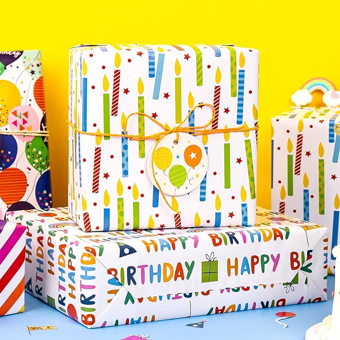 WRAPAHOLIC Birthday Wrapping Paper Sheet - 12 Sheets Folded Flat with 12 Gift Tags for Party, Baby Shower - 19.7 Inch X 27.5 Inch Per Sheet