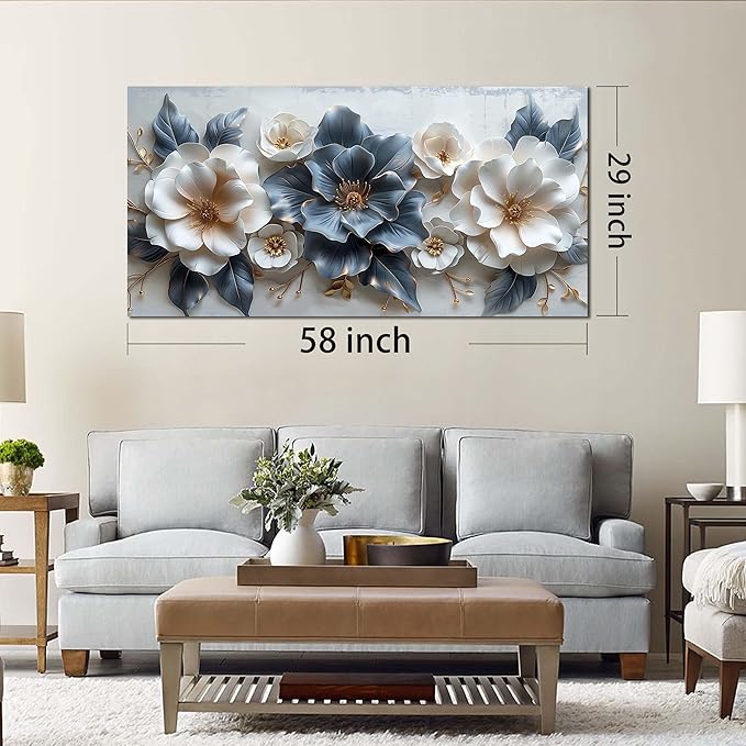 Flower Canvas Wall Art for Office Blue and White All Decor for Bedroom Women Big Wall Art for Living Room Modern Size 29" x 58"