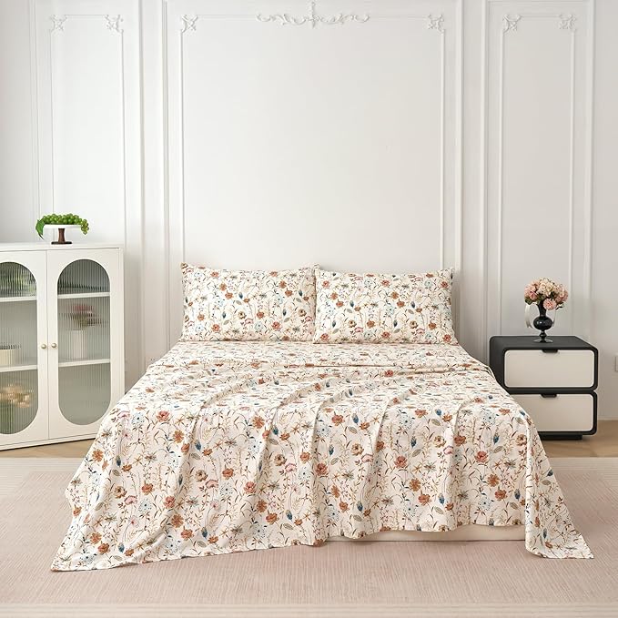 Zusbest California King Sheets Set 100% Percale Cotton - Boho Floral Botanical Printed Bedding with Deep Pocket 17.5'', Vintage Burnt Orange & Teal Design, 4-Piece Soft Breathable Sheets