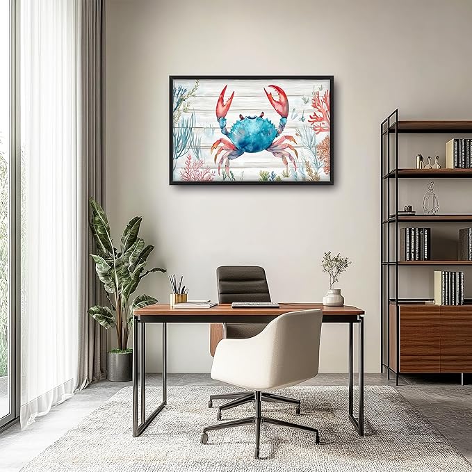Crab with Coral Large Decor Framed Wall Art Ocean Pictures for Living Room, Nautical Oversized Canvas Print Painting Modern Extra Large Framed Artwork for Bedroom Office Home Decor 36"x24"