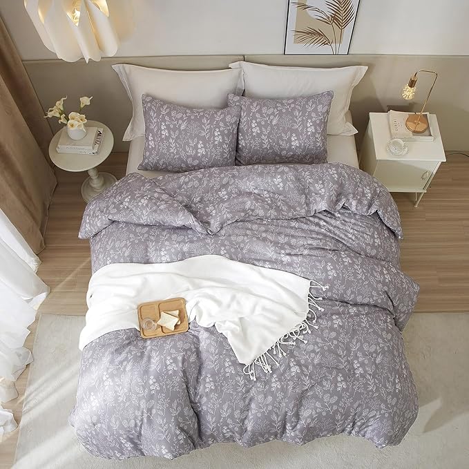 EAVD Garden Grey Floral Duvet Cover Full Soft Cotton Chic Shabby Cute Floral Bedding Set with 2 Pillowcases Fresh Reversible Vintage Botanical Duvet Cover with Zipper Closure