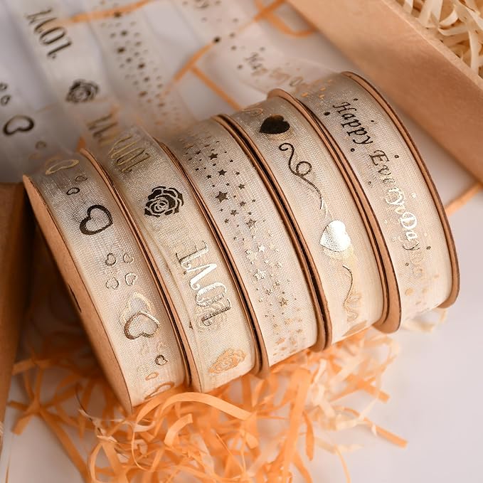‌SAYUAN Gold Hearts Ribbon 5/8 Inch x 30 Yards Organza Ribbon with Gold Heart Pattern for Valentine's Day Birthday Christmas Gift Wrapping Handmade Crafts Floral Bouquet Wedding Party Decoration
