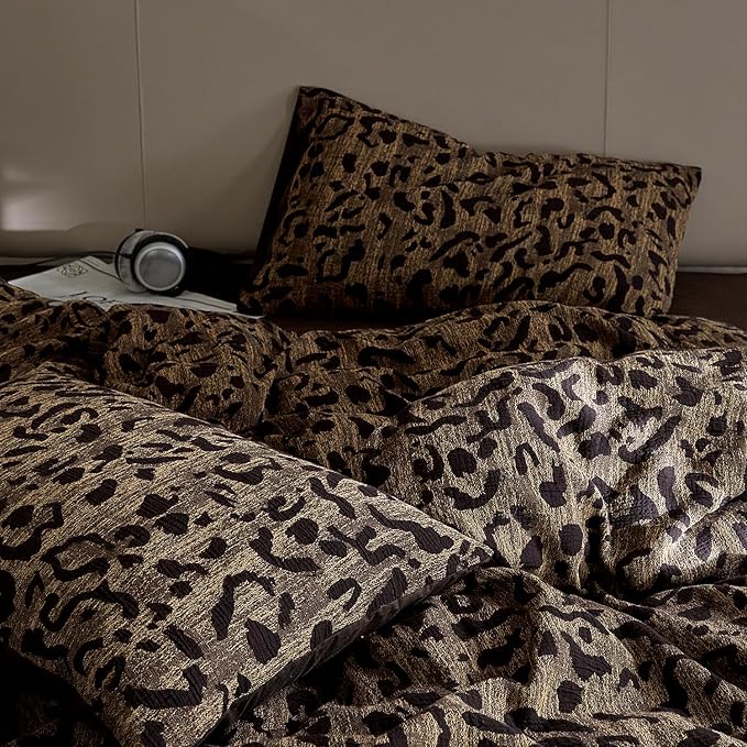 mixinni Leopard Duvet Cover Full Size Yarn-Dyed Leopard Print Jacquard Cotton Duvet Cover Set-Vintage Floral Pattern Bedding Set with Pillowcases Perfect for Him and Her-(Full Size, Brown)
