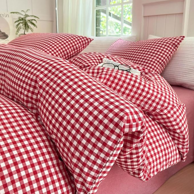 LifeTB Red Gingham Comforter Set King Modern Style Boho Plaid Comforter Set 3 Pieces Soft Fluffy Grid Checkered Pattern Comforter with 2 Pillowcases Farmhouse Gingham Plaid Bedding Set Breathable