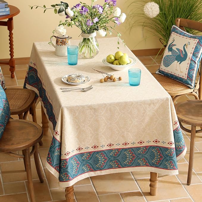 Vintage Beige Linen Rectangle Tablecloth,Paisley Farmhouse Feather Floral Pattern Table Cloth,Decor Table Cover for Kitchen,Dining,Thanksgiving,Christmas,55"*87"-Dorodango F