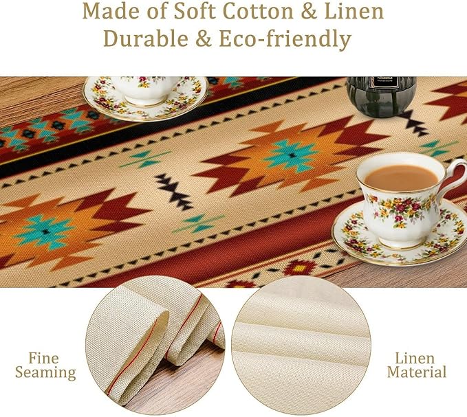 Aztec Southwest Table Runner, Ethnic Style Geometric Triditional Kitchen Table Runners Table Setting Decor for Garden Farmhouse Wedding Party Holiday Dinner Home, 13x60 Inch