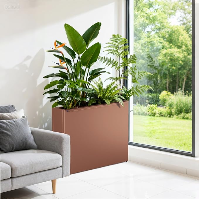 GSK Lighted Brown Metal Planter Box with LED Outdoor | Indoor Rectangular Flower Trough Built-in Light Versatile Rectangle Lighting Planters Easy Assemble Insert Drainage Hole Porch Patio Tarrace Yard