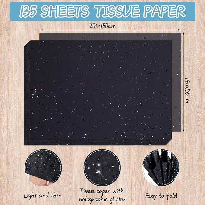 woric 135 Sheets Black Tissue Paper for Gift Bags 20 x 14 Inch Glitter Tissue Paper Bulk with Sparkle for Gift Wrap Crafts DIY Project Birthday Christmas Decor