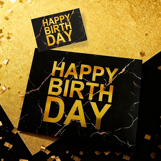 ASYEHJNR 13" Large Size Black Gold Birthday Gift Bag Marble with Metallic Gold Happy Birthday Sign Gift Bag with Greeting Card and Tissue Paper for Boy Men Bday Supplies