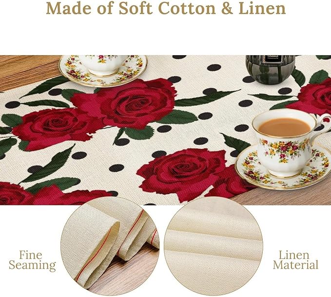 Red Rose Print Table Runner, Romantic Valentines Vintage Rose Spring Summer Dinner Runner Table Decoration for Home Kitchen Dining Holiday Wedding Party 13x60in