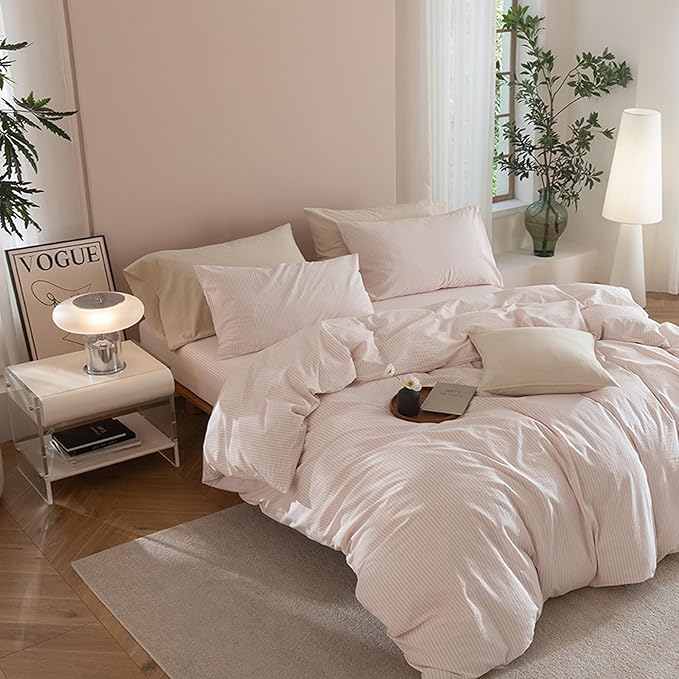 JIYUAN 100% Washed Cotton Striped Duvet Cover Set 3 Pieces Queen, 1 Duvet Cover and 2 Pillowcases(Comforter Not Included),Linen Like Comfy and Breathable,Pinstripes-Heathered Greyish Pink White