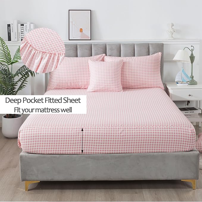 FADFAY Pink Plaid King Size Sheets 100% Cotton Geometric Checker Bedding Teens Grid White Gingham Pattern College Bedding Deep Pocket Sheets with 2 Pillowcases Ultra Soft 4pcs, King Size