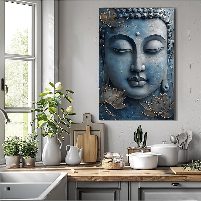 Canvas wall art Golden lotus crown Serene Buddha poster Ethereal blue toned art with delicate floral decor Zen wall art for a tranquil meditation space 16x24in Wood Framed