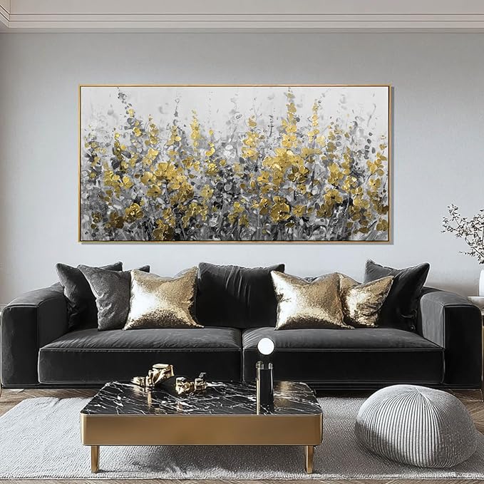 Framed Gold and Grey Abstract Flower Canvas Wall Art 24x48 Inch Textured Floral Painting Modern Decorative Artwork for Living Room Bedroom Office