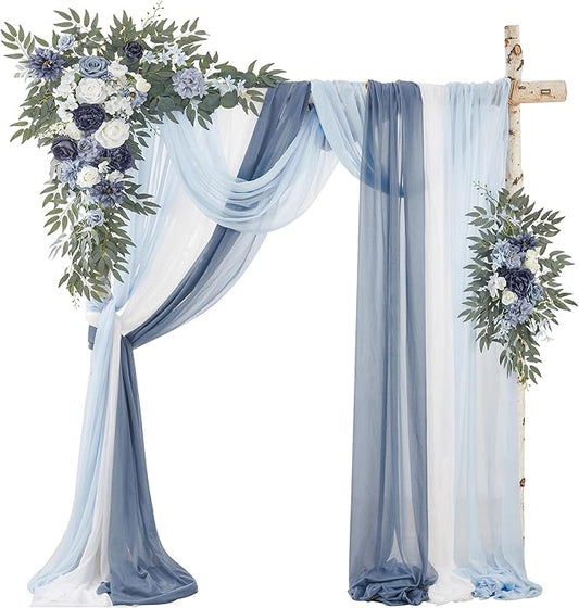 Wedding Arch Flowers with Drapes Kit (Pack of 5) - 2pcs Artificial Dusty Blue Deluxe Swag with 3pcs Sheer Drapes for Wedding Ceremony Backdrop Rose Floral Decoration Arbor Reception