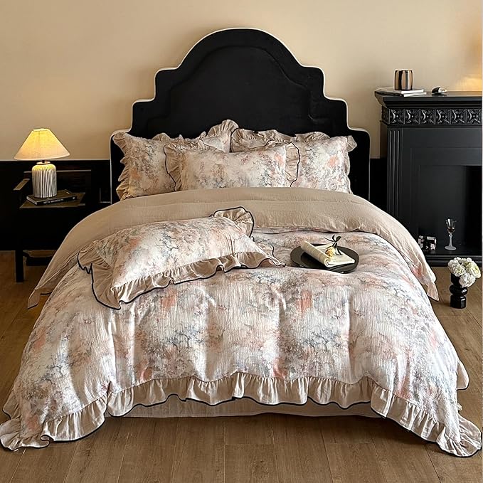 HighBuy Ruffle Duvet Cover Queen Size,Vintage Beige Botanical 100% Muslin Yarn-Dyed Linen Bedding Set for Women Girls,Farmhouse Bedding Super Soft Comfortable Boho Chic Lightweight 3 Pieces