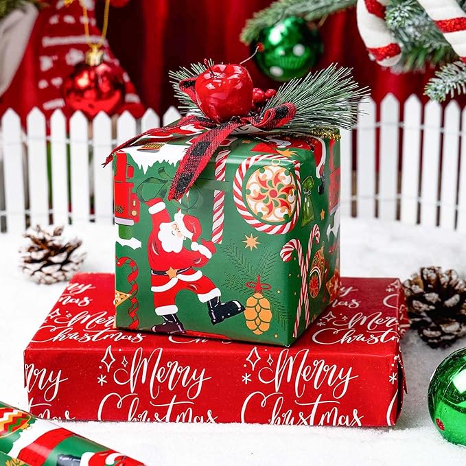 MAYPLUSS Christmas Nutcracker Wrapping Paper Roll - 17 Inch X 33 Feet - Metallic Gift Wrapping Paper Christmas Tree Holly Santa Claus Candy Cane Reversible Snowflakes for Holiday Party New Year Kids