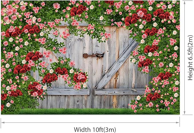 AOFOTO Barn Door Rose Backdrop Rustic Red Pink Beige Flowers Background Romantic Phtography Banner for Anniversary Wedding Decor Photo Studio Photobooth Props 10x6.5ft