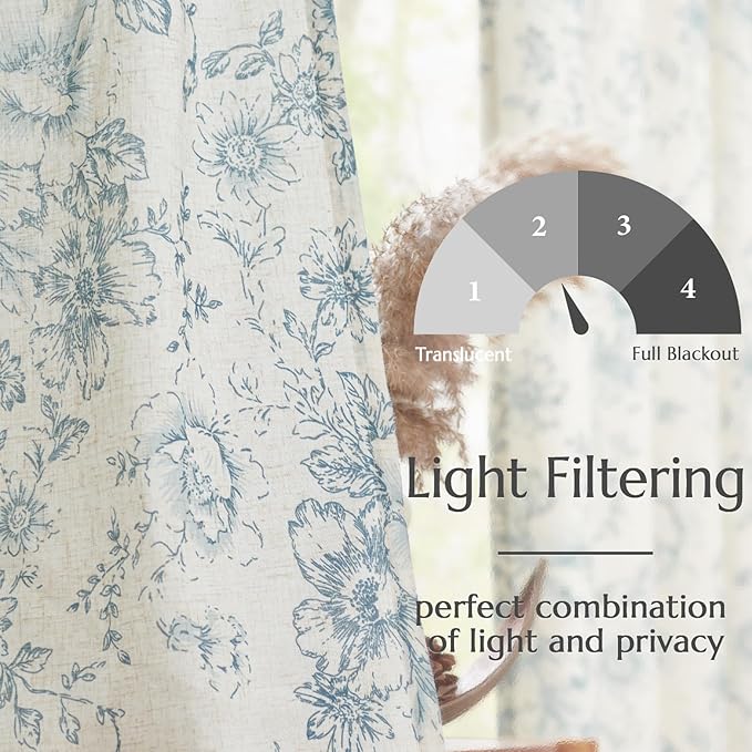 jinchan Linen Blend Curtain Floral Curtains for Living Room 63 Inch Length Blue Printed Curtain Rod Pocket Back Tab Farmhouse Peony Flower Patterned Drapes Bedroom Window Curtains Set 2 Panels