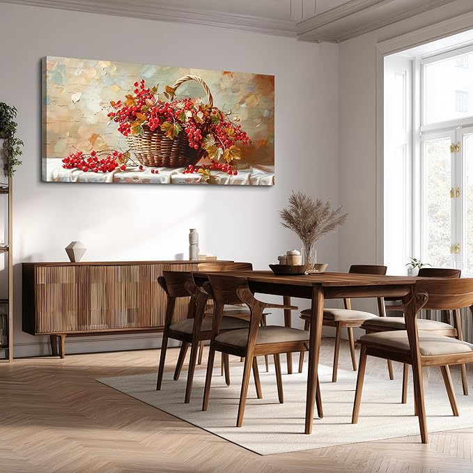 hyidecorart Large Canvas Print Wall Art Rustic Dining Room Artwork For Walls Still Life Bamboo Basket And Fruit Vintage Wall Decor Modern Pictures For Living Room Kitchen Bar Paintings Ready To Hang