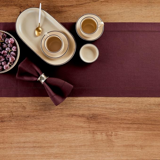 Solino Home Linen Burgundy Table Runner 90 Inches Long - 100% Pure Linen 14 x 90 Inch Table Runner for Valentines, Winter - Classic Hemstitch