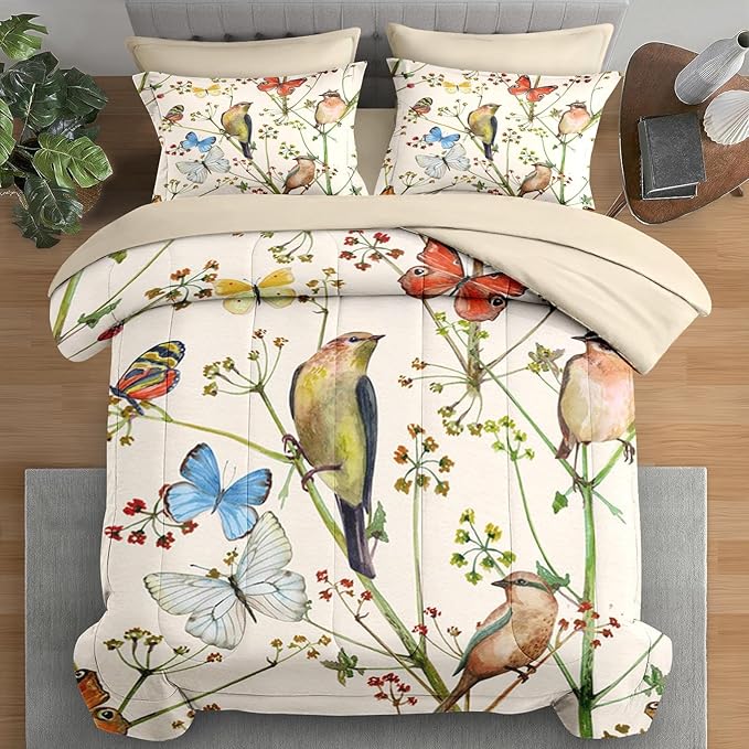 Comforter Set Twin Size, Vintage Birds Butterfly Colorful 5 Pcs Bedding for Kids and Adults, Floral Beige Spring Bed Sheet Sets with Fitted Sheet Pillowcase & Sham for Bedroom Bed Decor