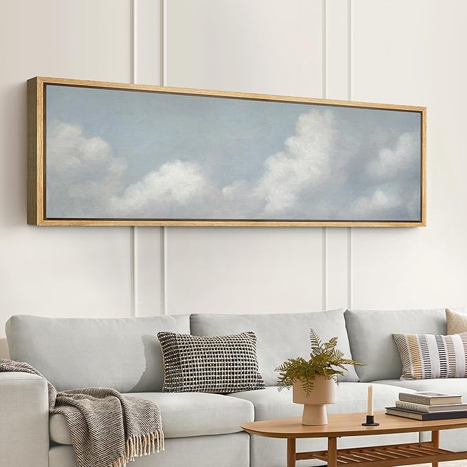 SIGNFORD Large Framed Canvas Print Wall Art Blue Sky with Fluffy Clouds Tranquil Minimal Sky Scene Illustrations Modern Art Relax/Calm Warm for Living Room, Bedroom, Office - 60"x20"