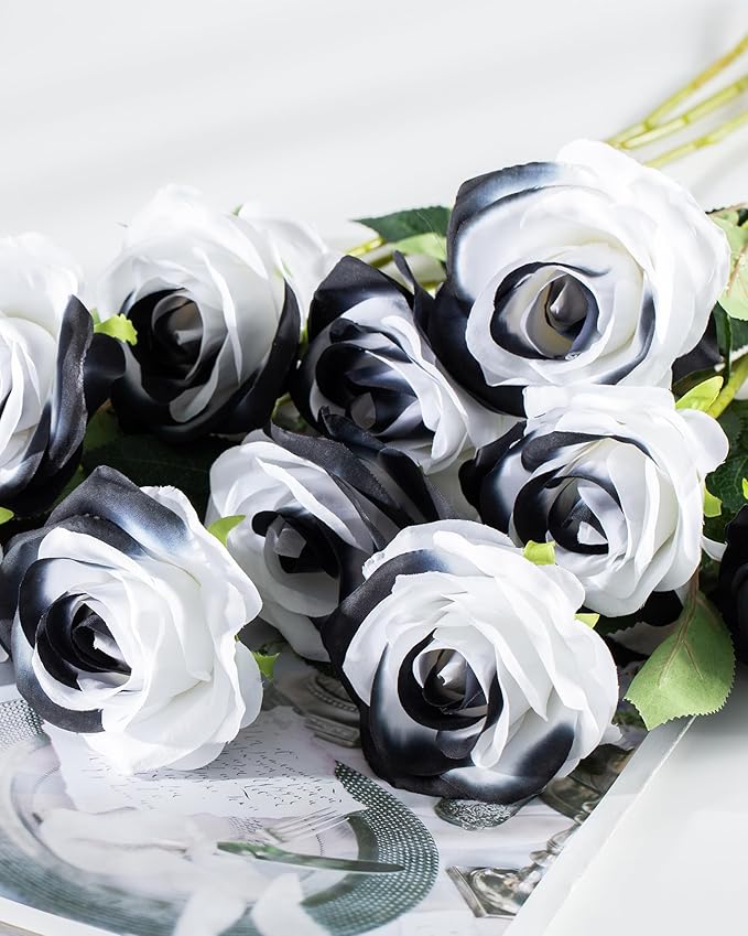 DuHouse 10pcs Fake Roses Artificial Silk Flowers Faux Rose Flower Long Stems for Arrangement Wedding Centerpiece Home Kitchen Decor(Black White)