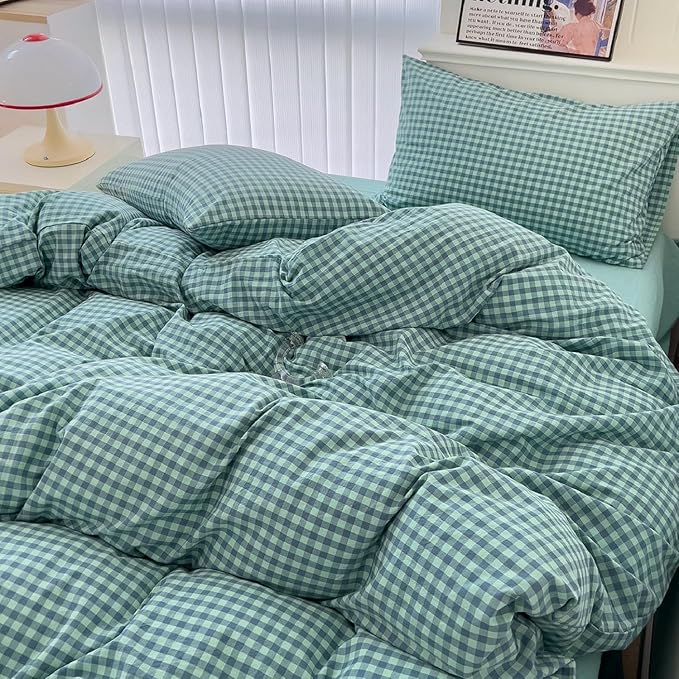 LifeTB Queen Comforter Set Green Gingham Bedding Comforter Modern Style Checkered Pattern Comforter Set Green Blue Grid Plaid Bedding Comforter Lightweight Fluffy Soft Gingham Grid Bedding Set
