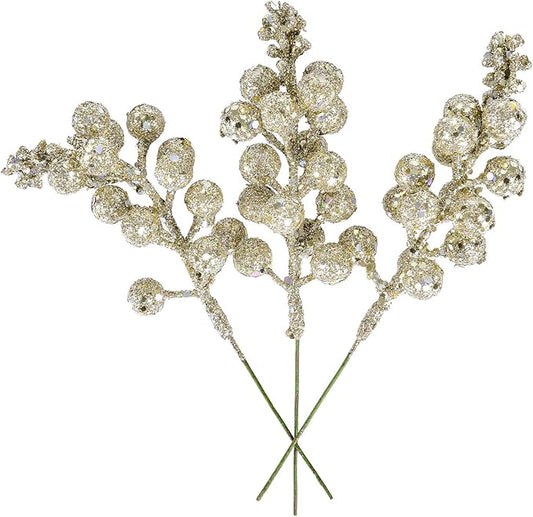 Lvydec 16pcs Christmas Glitter Berries Stems, 7.8" Artificial Christmas Picks for Christmas Tree Ornaments, DIY Xmas Wreath, Crafts, Holiday and Home Decor (Champagne)