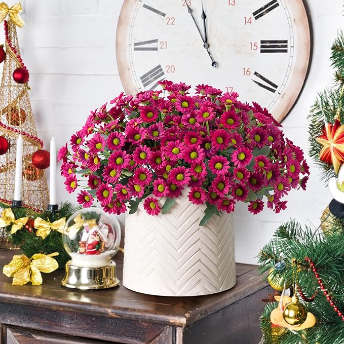 Daisy Artificial Flowers for Outdoors Winter Decoration, 6 Bundles Fake Mums Dark Red Silk Flowers for Outside Look Real UV Resistant Faux Flowers Plants for Planter Front Door Home Indoor Porch