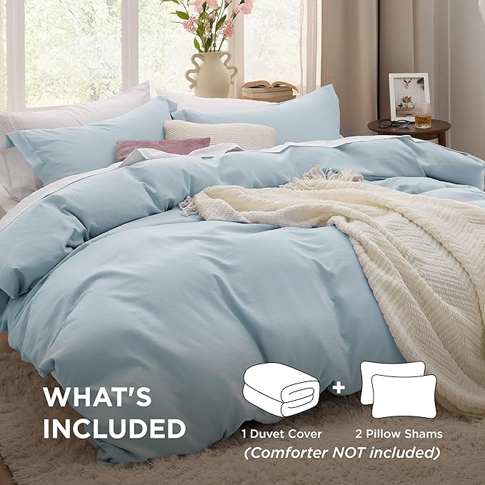 Bedsure Sky Blue Duvet Cover Queen Size - 3 Pieces Prewashed Cotton-Like Extra Soft Bedding Set, Includes 1 Duvet Cover 90x90 Inches with Zipper Closure & 2 Pillow Shams, Comforter Not Included