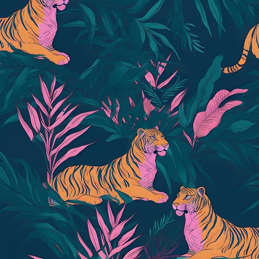Tiger Wallpaper Peel and Stick Jungle Tropical Contact Paper Vintage Renter Friendly Wall Paper for Drawer Bedroom Bathroom Removable 17.5 x 196.5In