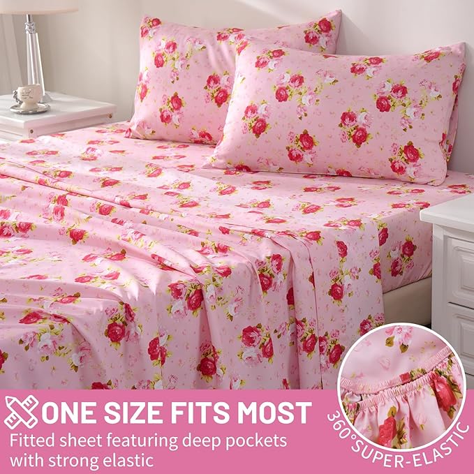 Bedlifes Queen Size Extra Deep Pocket Sheet Sets - Fits Mattresses Up to 18-24" Thick, 4-Piece Microfiber Set with 1800 Thread Count, Soft, Smooth, Breathable, Featuring Pink Floral Red Rose