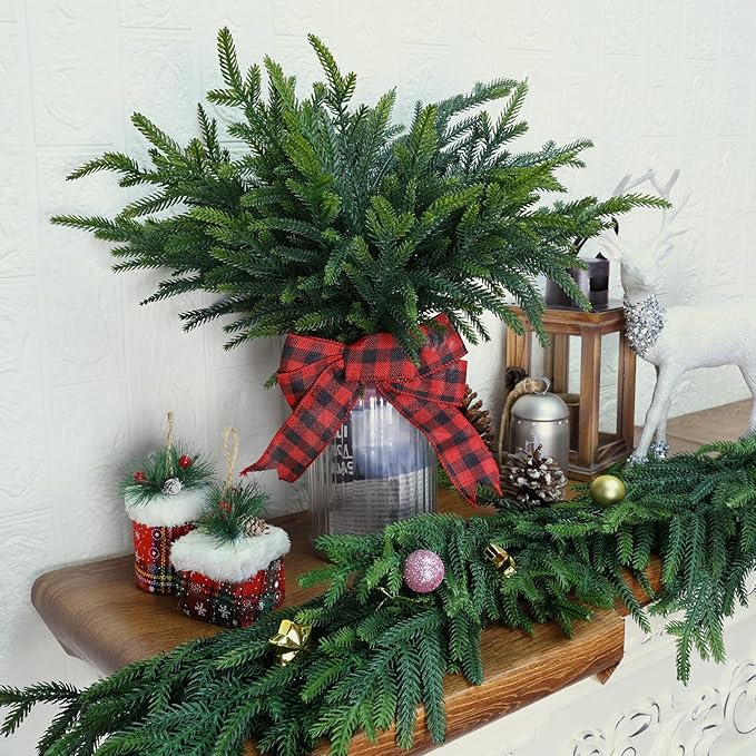 24 Pcs Pine Branches - Real Touch Artificial Pine Stems - Christmas Greenery Picks for DIY Wreaths Garlands Vase Arrangements, Indoor Outdoor Christmas Decor