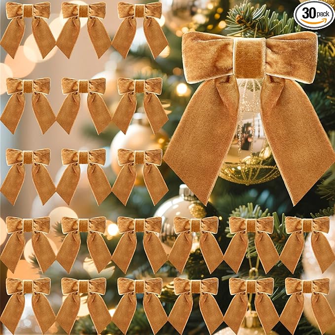 30 Pcs Velvet Ribbon Bows 5" x 4" Pre Tied Christmas Velvet Bows with Twist Tie for Gift Packaging Christmas Tree Wreaths Door Windows Wedding Party Decoration (Golden Brown)