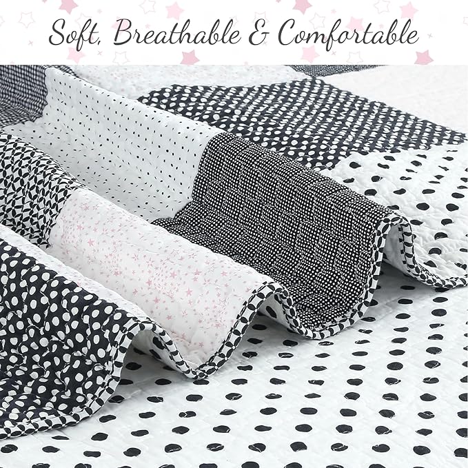 Cozy Line Home Fashions Black White Pink Polka Dots Striped Star Girl 100% Cotton Reversible Quilt Bedding Set, All-Season Coverlet Bedspread (Black Pink, Queen - 2 Piece)