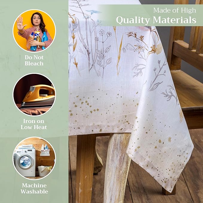 Maison d' Hermine Table Cloth Rectangle Table 100% Cotton 60 x 90 Inches Tablecloth Reusable for Dining Room, Farmhouse, Home, Party, Festive & Wedding Spring Summer - Meadow Florals - Beige
