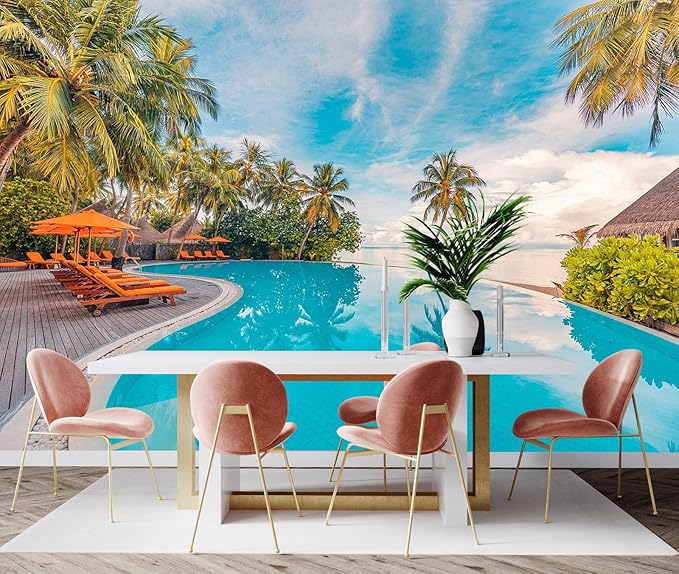 Outdoor Travel Landscape Mural with Swimming Pool Beach Resort Wallpaper, Coconut Trees and Blue Sky View Wall Mural（Non-self-Adhesive）