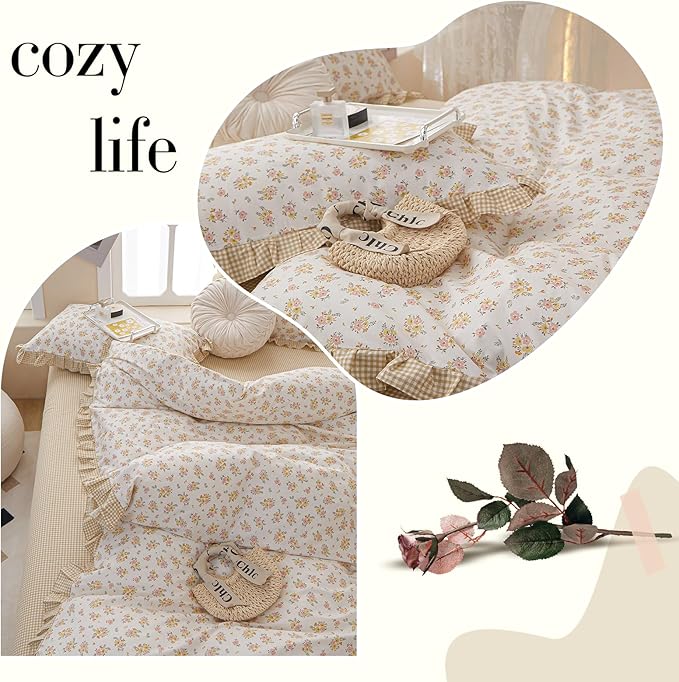 Floral Ruffle Duvet Cover King Chic Floral Lace Duvet Cover 100% Cotton Flower Bedding Set Romantic Ruffle Comforter Cover Vintage Garden Style Botanical Duvet Cover Girls Princess Bedding Set King